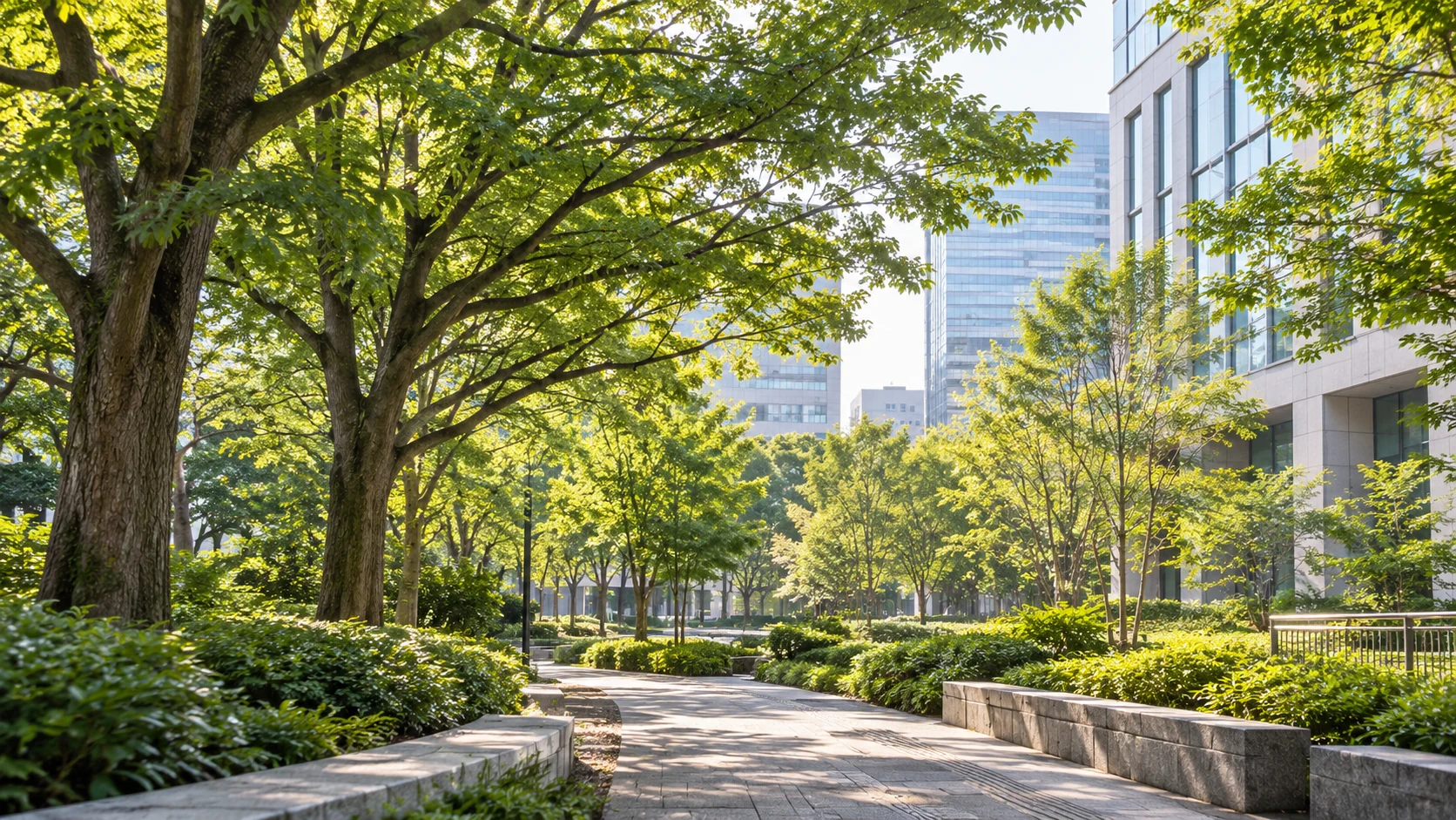 木漏れ日と街並みが見える都市公園の生成イメージ